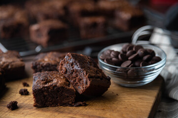 chocolate brownies with ingredients and baking tools