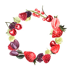 Watercolor round frame of berries