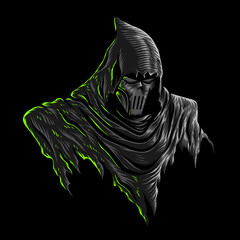 Vector illustration of Dark Grim Reaper with Mask, Dark Hood on the Black background. For mascot logo design in modern illustration. Separate layer and editable. Print on t-shirt (COLOR VERSION)
