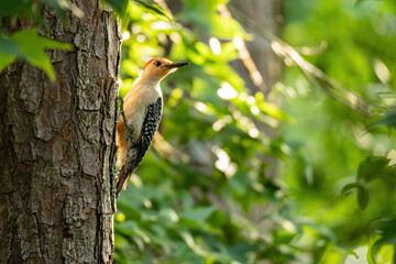 Red-Bellied Woodpecker Perched on a Tree at Sunset.

