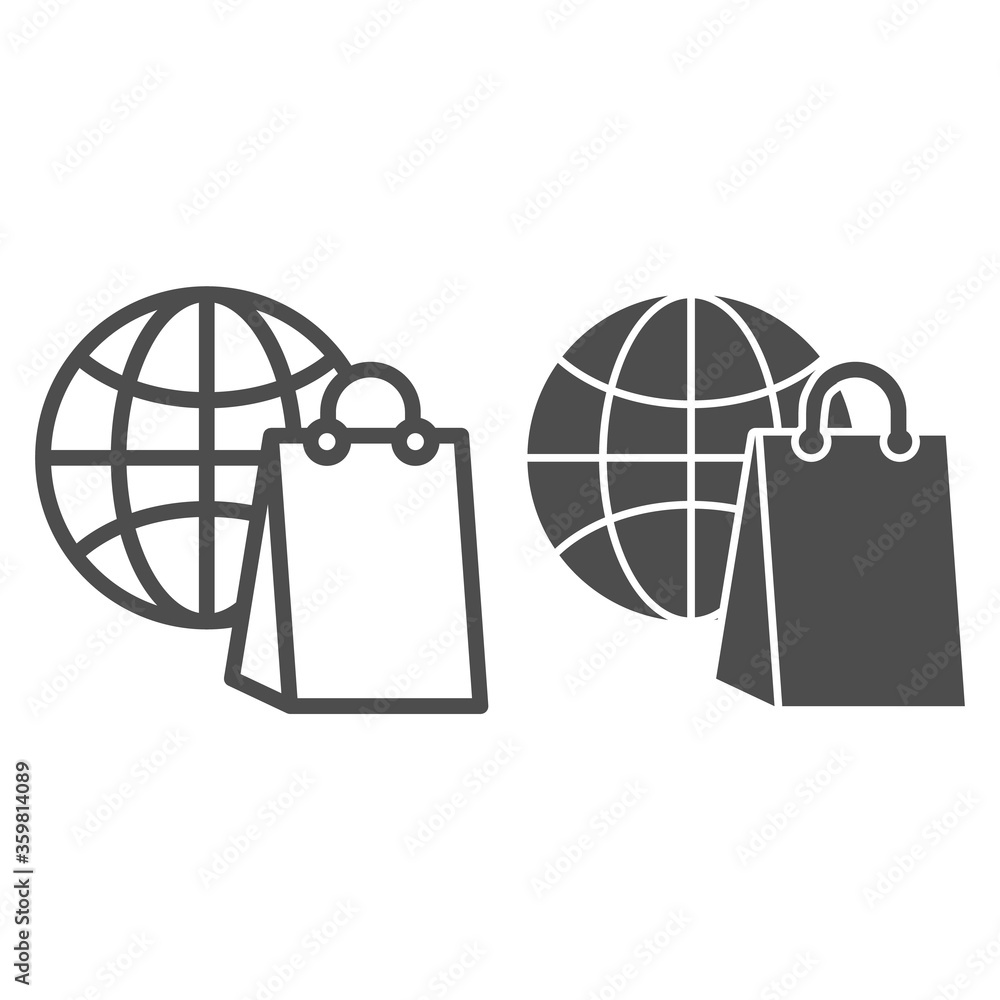 Poster globe and package line and solid icon, global shopping concept, customer bag with globe sign on whit