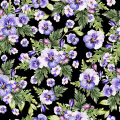 Watercolor colorful pattern with pansy flowers. 