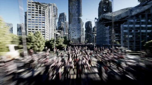 horror zombie crowd walking. Destroyed city. Apocalypse view, concept. Realistic 4K animation. Aerial