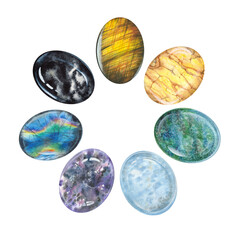 Watercolor Chakra Stone Set for Meditation. Hand drawn illustration of Chakra Healing Crystals. Circle shaped gemstones