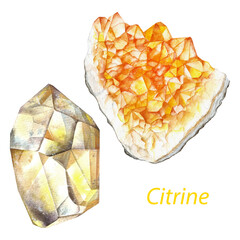 Citrine watercolor gems. Solar plexus chakra stones and healing crystals. Hand drawn illustration of gemstones isolated on white background