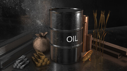 Global international commodity trade in oil, gold, silver, copper, corn and wheat on the commodities market - 3D illustration render