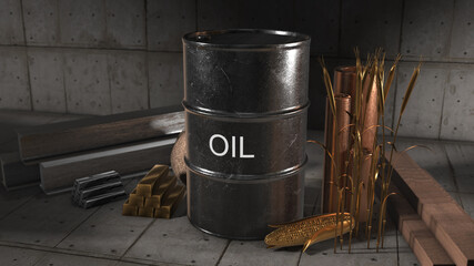 Naklejka na ściany i meble Global international commodity trade in oil, gold, silver, copper, corn and wheat on the commodities market - 3D illustration render