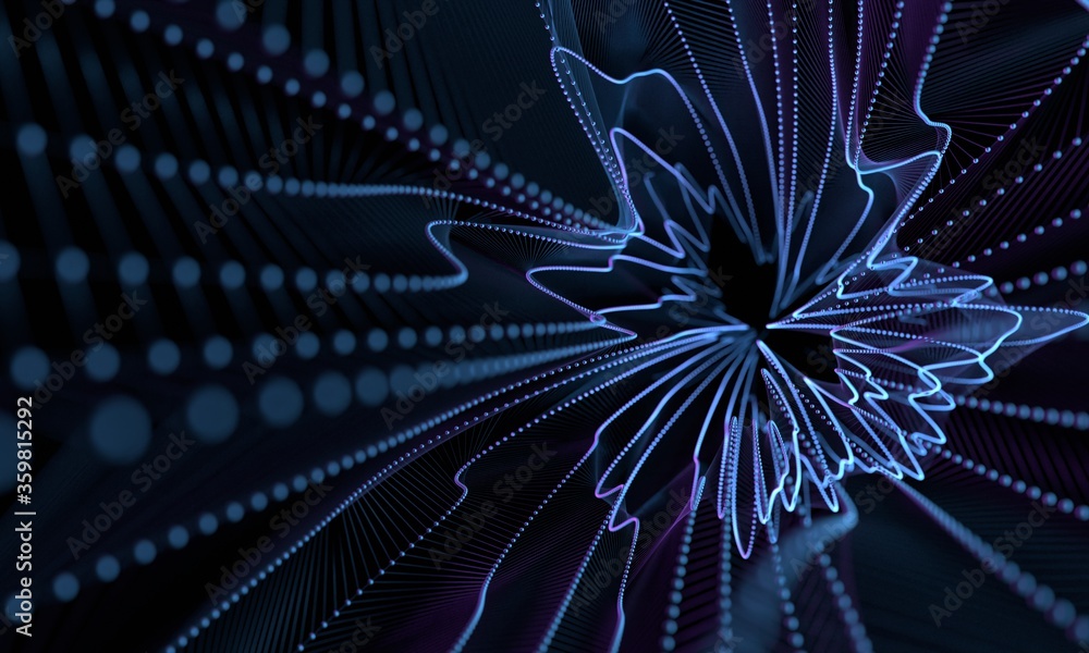 Poster 3d rendering of abstract grid waves with circle geometry and wireframe. for artificial intelligence,