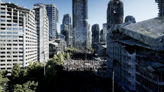 horror zombie crowd walking. Destroyed city. Apocalypse view, concept. Realistic 4K animation. Aerial