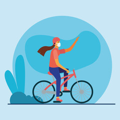 Woman with medical mask on bike vector design