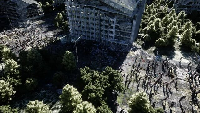 horror zombie crowd walking. Destroyed city. Apocalypse view, concept. Realistic 4K animation. Aerial