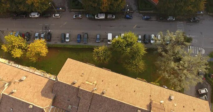 Bird-eye aerial over city suburbs