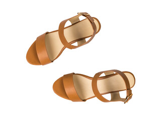 Top view of a pair of women's sandals isolated on a white background. The view from the top.