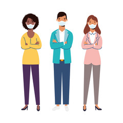 women and man with medical masks vector design