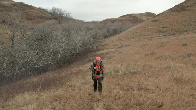 Adult Male with high Visibility clothing hunting and hiking on foot of forest edge- follow aerial drone shot