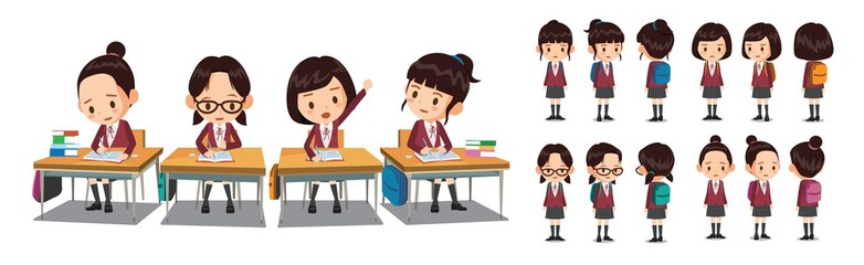 Student vector character turn. female students in school uniforms studying at school desk.