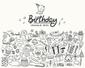 Happy Birthday background. Hand-drawn Birthday sets, party blowouts, party hats, gift boxes and bows, garlands and balloons and firework, candles on birthday pie.