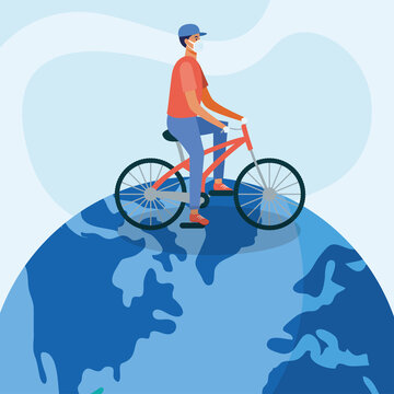 Man with medical mask and bike on world vector design