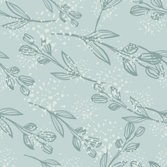 Fototapeta premium Geometric line art leaf seamless pattern on grunge background. Hand drawn floral botanical wallpaper.