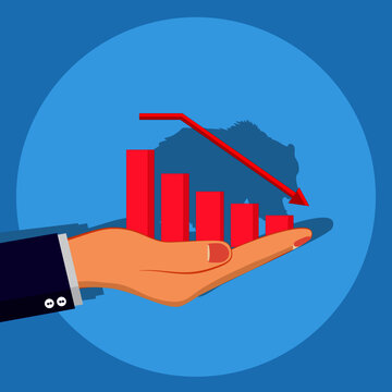 Businessman hands and the bear market. downward trend graph. Stock market trend down. Vector illustration
