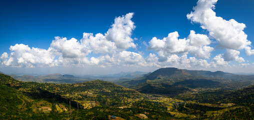  Panoramic view of scenic hills, lakes, farmlands  from Kalsubai Peak the Highest point of the Sahyadris (1646 M) range