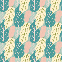 Green foliage seamless pattern on pink background. Botanical flat leaves wallpaper.