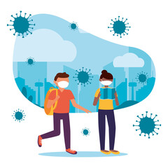 Woman and man with mask at city vector design