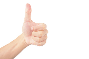 hand of man show great gesture by thumb up with eye finger joint isolated on white background
