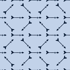 Tribal endless wallpaper in doodle style. Hand drawn arrows seamless pattern isolated on blue background.