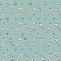 Geometric teepee seamless pattern on green background. Native style. Tribal wallpaper.