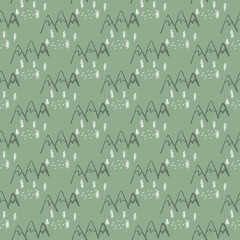 Seamless pattern with trees and mountains on green background. Scandinavian endless woodland wallpaper.