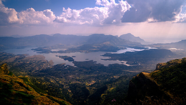 Scenic view hills, lakes, farmlands  from Kalsubai Peak the Highest point of the Sahyadris (1646 M) range