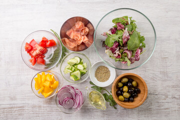 diet salad red fish with vegetables and olives