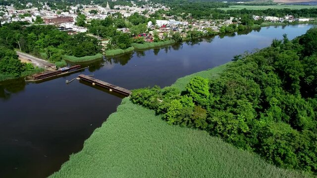 Aerial view of railroad bridge on South River, New Jersey