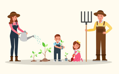 Happy family gardening together character vector design.