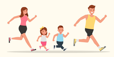 Happy family people Father, mother, daughter and son are running character vector design.