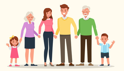 Happy family people mother, father, grandparents and children together character vector design.
