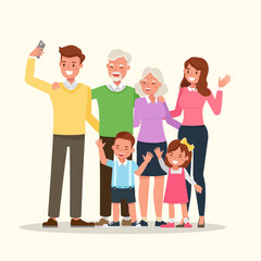 Obraz premium Happy family people mother, father, grandparents and children together character vector design.