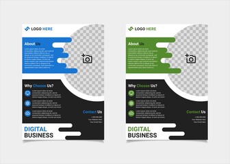 Business flyer template vector design, A4 brochure template blue and green geometry shapes used for business poster layout, IT Company flyer, corporate banners, and leaflets