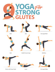 Fototapeta na wymiar 9 Yoga poses for workout in strong glutes concept. Woman exercising for body stretching. Yoga posture or asana for fitness infographic. Flat cartoon vector.