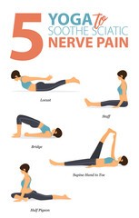 Naklejka premium 5 Yoga poses for workout in soothe sciatic pain concept. Woman exercising for body stretching. Yoga posture or asana for fitness infographic. Flat cartoon vector.