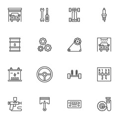 Car service garage line icons set, outline vector symbol collection, auto repair linear style pictogram pack. Signs, logo illustration. Set includes icons as car wash, engine gear, oil, chassis