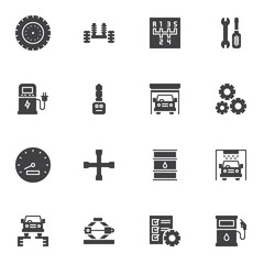 Car service vector icons set, modern solid symbol collection, auto repair filled style pictogram pack. Signs, logo illustration. Set includes icons as battery charge, gearbox transmission, car garage