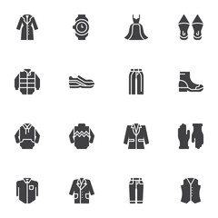 Clothes vector icons set, modern solid symbol collection, filled style pictogram pack. Signs, logo illustration. Set includes icons as woman dress, shoe, coat, jacket, hoodie, sweater, gloves, pants