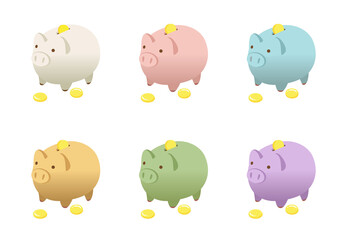 カラフルな豚の貯金箱とコイン
