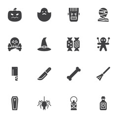 Happy Halloween vector icons set, modern solid symbol collection, filled style pictogram pack. Signs logo illustration. Set includes icons - pumpkin, ghost, voodoo doll, spider, coffin, candies, skull