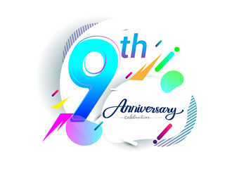 9th years anniversary logo, vector design birthday celebration with colorful geometric background, isolated on white background.
