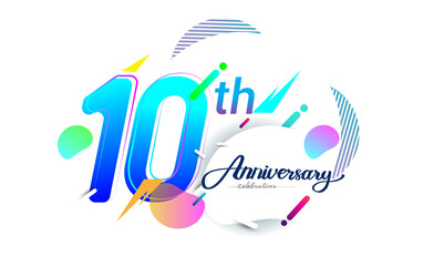 10th years anniversary logo, vector design birthday celebration with colorful geometric background, isolated on white background.
