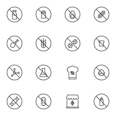 Organic food prohibition signs line icons set, outline vector symbol collection, linear style pictogram pack. Signs logo illustration. Set includes icons as preservatives, gluten, lactose and gmo free - obrazy, fototapety, plakaty