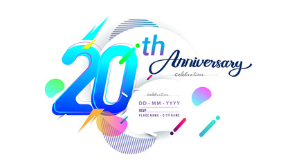 Fototapeta premium 20th years anniversary logo, vector design birthday celebration with colorful geometric background, isolated on white background.